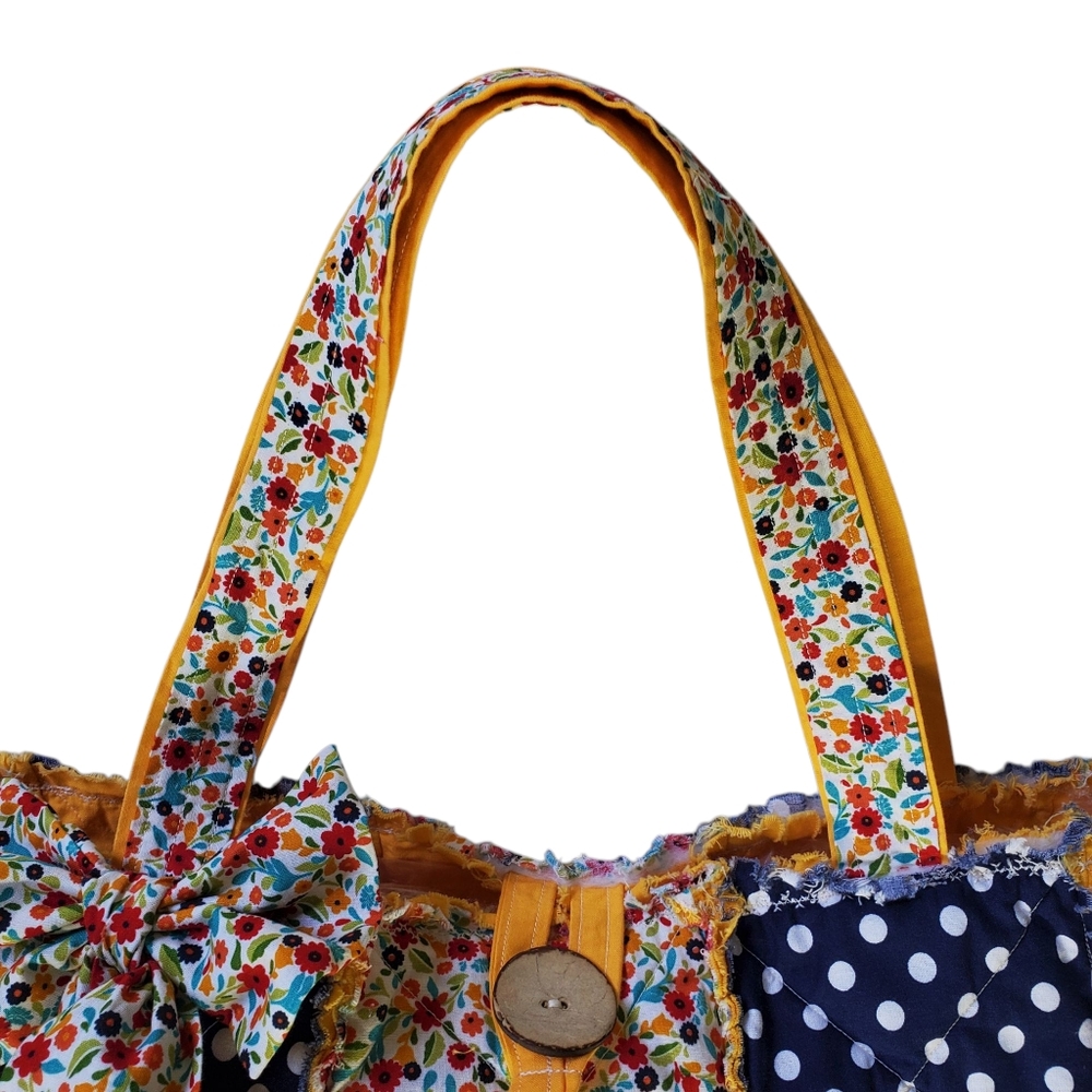 Homecrafted Rag Bag Floral and Polka Dot Tote With Bow - Picture 11 of 14